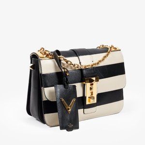 Valentino Garavani Striped Black and Ivory B-Rockstud Flap Bag